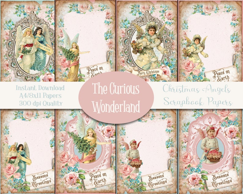 Victorian Christmas Angel Paper Pack A4 Blush Pink Shabby Chic Backgrounds Scrapbook Journal Papers