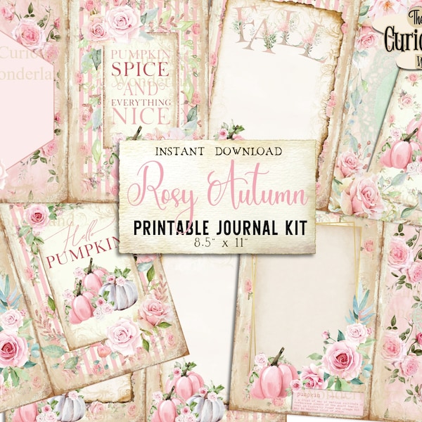 Pink Fall Pumpkin Junk Journal Ephemera Pack Digital Download Kit Printable Journal Autumn Craft Paper Fussy Cuts Shabby Chic Pink Roses