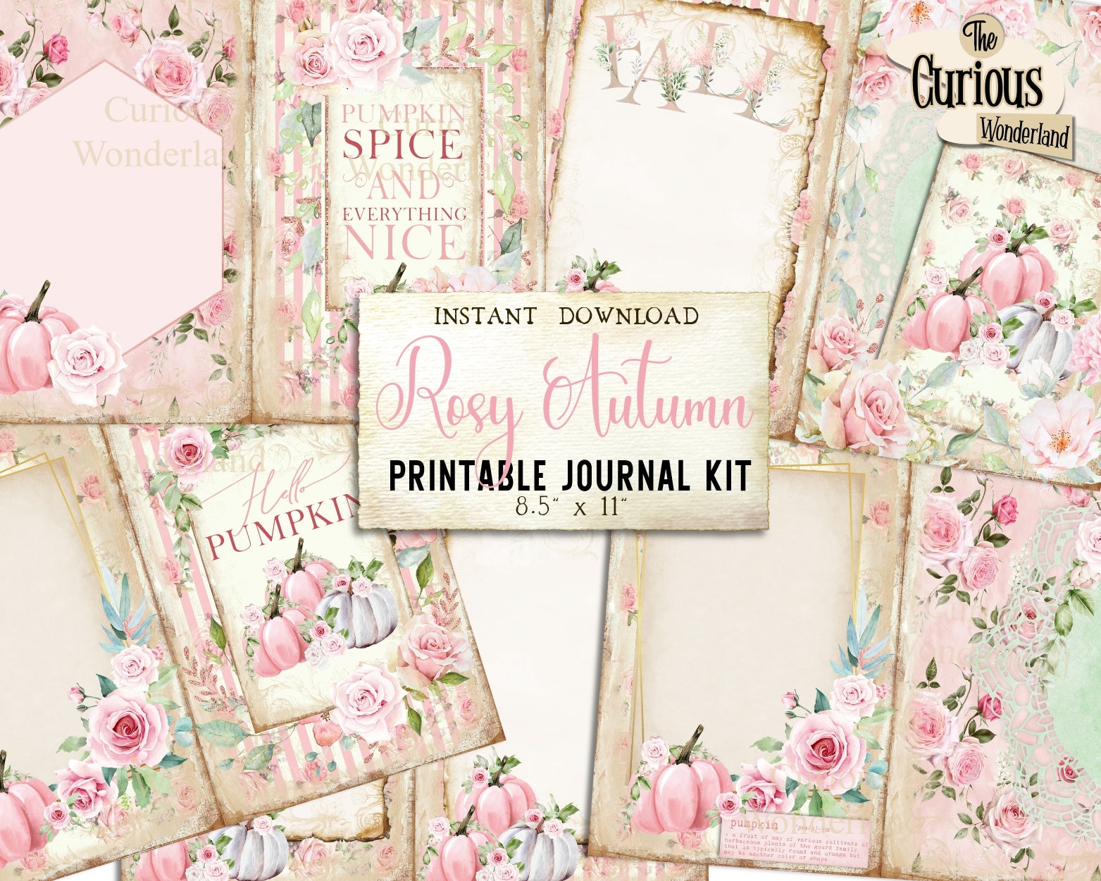 Pink Fall Pumpkin Junk Journal Ephemera Pack Digital Download Kit Printable Journal Autumn Craft Paper Fussy Cuts Shabby Chic Pink Roses