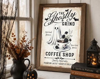 Ghost Coffee Bar Schild Druck | Gruseliger Halloween-Dekor | Kaffee Station Schild | Halloween Zeichen Druckbare Download | Halloween-Küchen-Wand-Kunst