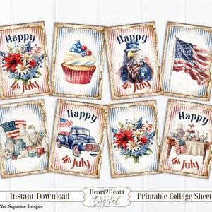 Happy 4th of July Journal Cards Collage Sheet, Patriotic Cards, America Journal, Junk Journal, ATC ACEO, Digital Cards