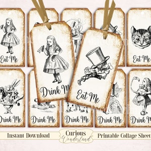 Alice in Wonderland Party Tags, Labels, Eat Me, Drink Me, Printable Tags, Favors Tea party Mad Hatter Digital Download
