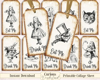 Etichette per feste di Alice nel Paese delle Meraviglie, Etichette, Mangiami, Bevimi, Etichette stampabili, Bomboniere, Download digitale del Cappellaio Matto per la festa del tè