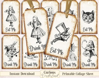 Alice in Wonderland Party Tags, Labels, Eat Me, Drink Me, Printable Tags, Favors Tea party Mad Hatter Digital Download