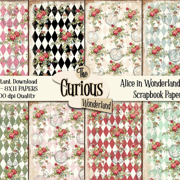 Floral Diamond Alice in Wonderland Paper Harlequin Patterns Digital Paper Scrapbook Craft Bright Pastel Clocks Vintage Papers Background