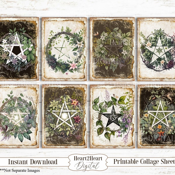 Pentacle Collage Sheet, Pentagram Cards, Journal Cards, Digital Image, Scrapbook Cards, Printable Download, ACEO, Digital Cards Witchy Vibes