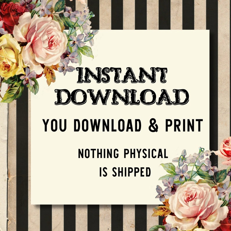 以下が含まれることがあります： 「INSTANT DOWNLOAD YOU DOWNLOAD & PRINT NOTHING PHYSICAL IS SHIPPED」と黒文字で書かれた白いカード。カードは、黒と白のストライプの背景にピンクと紫の花で囲まれています。