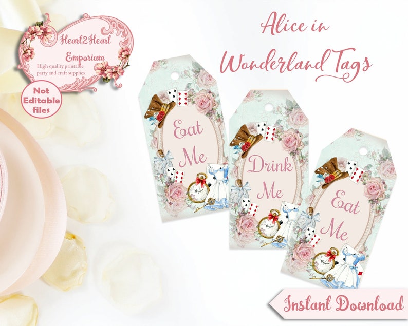 Alice in Wonderland Tags, Eat Me, Drink Me, Printable Tags, Favors Tea party Mad Hatter Digital Download image 3