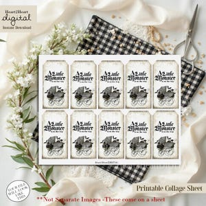 May include: A printable collage sheet featuring ten rectangular gift tags arranged in two rows. Each tag has a vintage-style background with the black text A little Monster is on the way and a graphic illustration of a baby carriage with flowers.