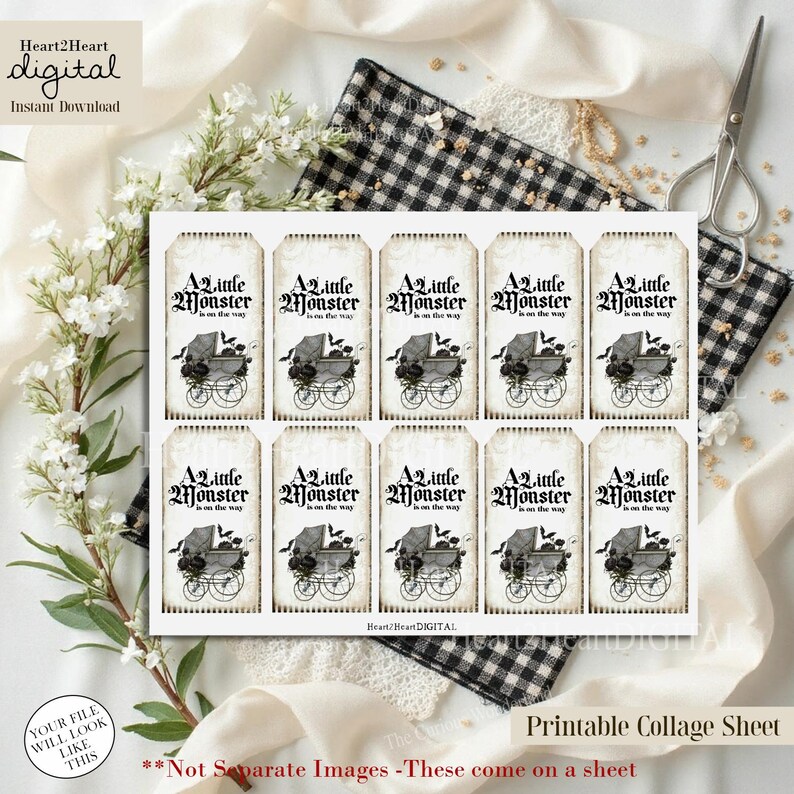 May include: A printable collage sheet featuring ten rectangular gift tags arranged in two rows. Each tag has a vintage-style background with the black text A little Monster is on the way and a graphic illustration of a baby carriage with flowers.