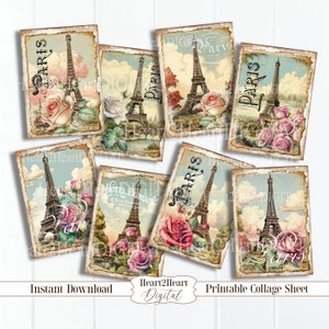 Vintage Rose Paris Ephemera Cards Collage Sheet  Cards Digital Image Scrapbook Cards Printable Labels, Junk Journals Eiffel Tower