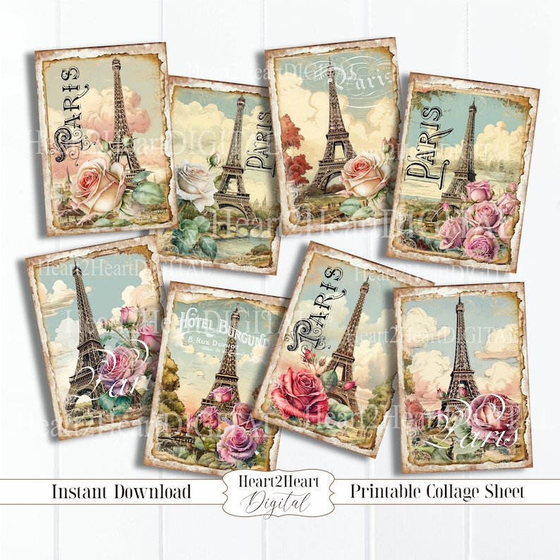 Vintage Rose Paris Ephemera Cards Collage Sheet Cards Digital Image ...