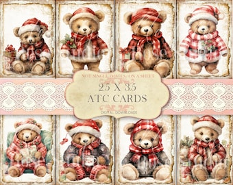 Christmas Teddy Bear Collage Sheet, Tags, Journal Cards, Digital Image, Scrapbook Cards, Printable Download, ACEO, Digital Cards Teddies
