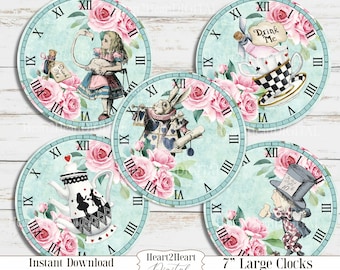 Alice in Wonderland Large 7" Clocks - Printable Clocks, Digital Download, INSTANT DOWNLOAD Collage sheet , Tea Party Printables, Eat Me