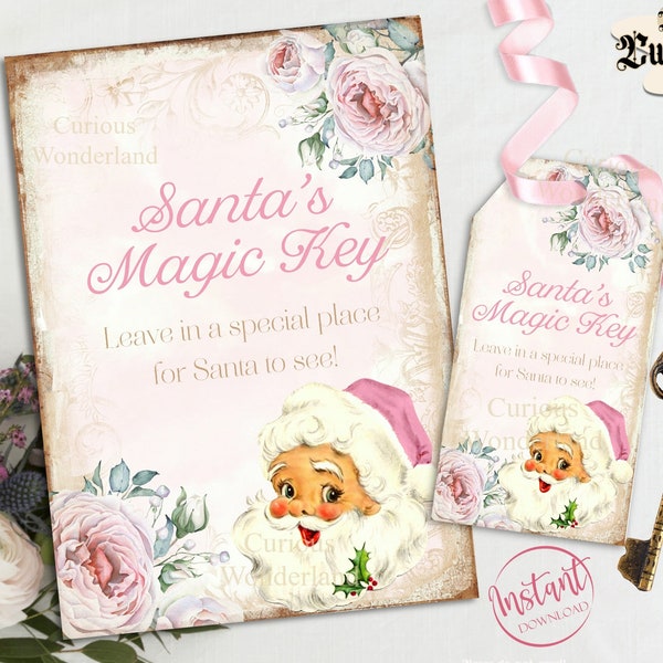 Shabby Chic Santa's Magical Key, Printable Christmas Tag, Digital Download, Printable Santa Magic Key Tag Vintage Christmas, Santa Tags,