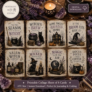 May include: A digital collage sheet featuring eight rectangular cards with Halloween themes. Each card displays vintage-style illustrations of black cats, cauldrons, witch hats, haunted houses, and potion bottles, accompanied by text like 'Tis the Season to be Witchy'.