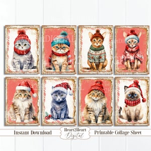 Christmas Cats Collage Sheet, Tags, Journal Cards, Digital Image, Scrapbook Cards, Printable Download, ACEO, Digital Cards