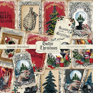 Diario navideño con calavera gótica, imprimible, diario gótico, kit de diario digital, papel para álbum de recortes, descarga digital para manualidades, espeluznante imagen 1