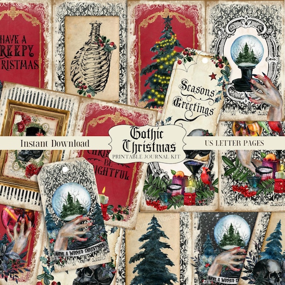 Gothic Skull Christmas Junk Journal, Printable, Gothic Journal, Digital Journal Kit Scrapbook Paper, Digital Download Craft, Spooky