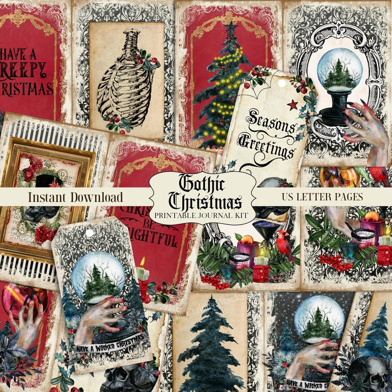 Diario navideño con calavera gótica, imprimible, diario gótico, kit de diario digital, papel para álbum de recortes, descarga digital para manualidades, espeluznante imagen 1