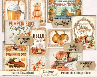 Pumpkin Fall Collage Sheet ATC Journal Cards Digital Image Scrapbook Ephemera Cards Printable Download ACEO Digital Cards
