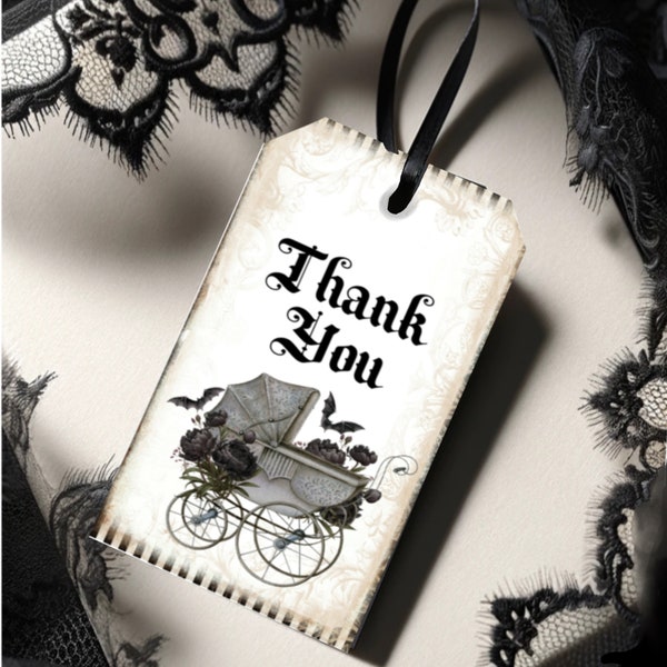 Gothic Baby Shower Thank You Tags, Halloween Baby Shower, Baby Shower Tags, Goth Theme Shower,