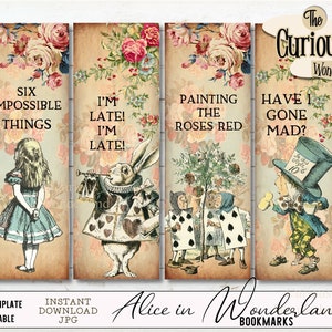 Alice In Wonderland Bookmarks Hang Tags Junk Journal Scrapbooking Printable Collage Sheet Mad Hatter Digital Image
