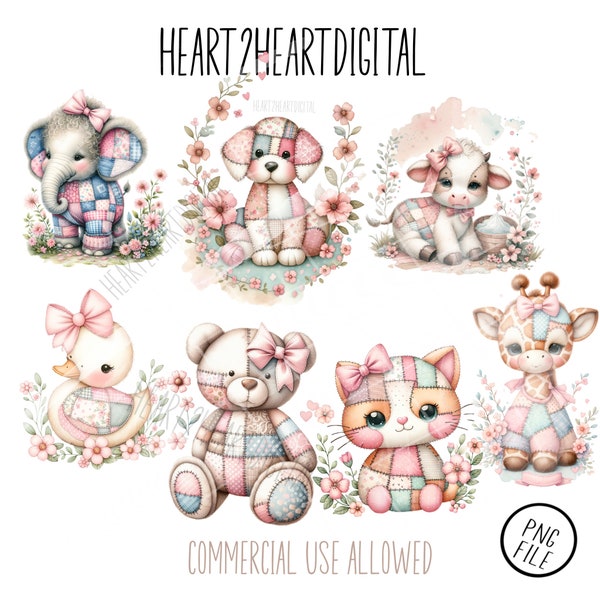 Watercolor Cute Patchwork Quilted Animals Clipart Bundle, Nursery Animals Clipart PNG, Cute Pastel Animals