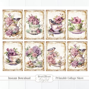 Vintage Rose Teacups with Birds Ephemera Cards Collage Sheet Cards Digital Image Scrapbook Cards Printable Labels, Junk Journals