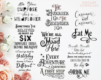 Alice in Wonderland Quotes PNG Word Overlays Clipart INSTANT DOWNLOAD Digital Stamp Scrapbooking Sublimation Transfers