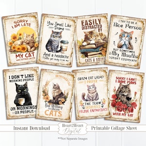 Funny Cat Quote Ephemera Cards, ATC ACEO Cards, Printable Cat Cards, Cat Collage Sheet, Digital Download, Junk Journal Craft Supplies