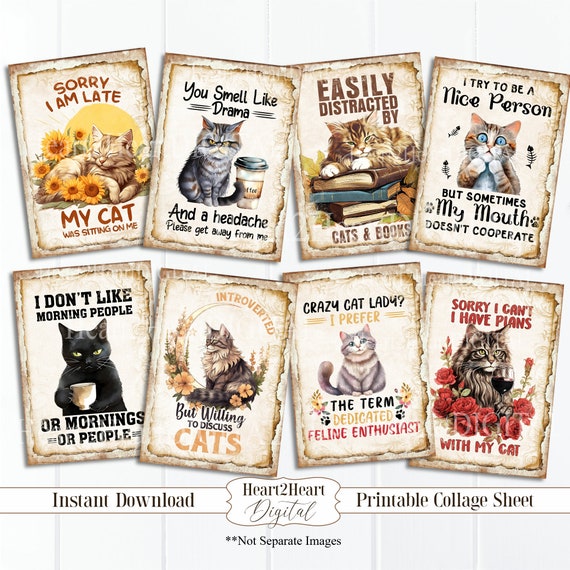 Funny Cat Quote Ephemera Cards, ATC ACEO Cards, Printable Cat Cards, Cat Collage Sheet, Digital Download, Junk Journal Craft Supplies