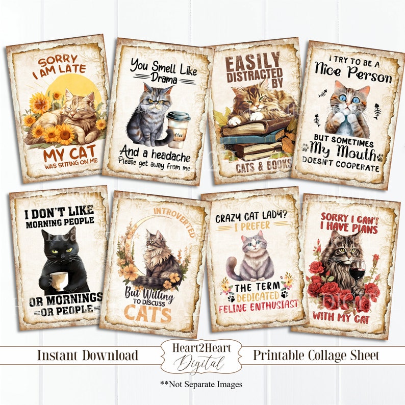 Pu&ograve; includere: Foglio di collage stampabile con 8 diversi design a tema gatto. Ogni design presenta un gatto con un detto divertente. I design sono su uno sfondo in stile vintage.