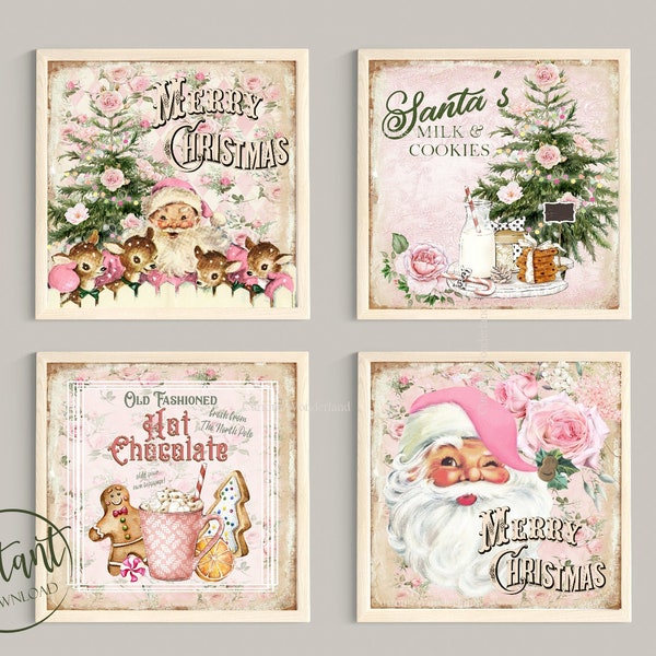 Shabby Chic Pink Santa Christmas 4" Squares Tier Tray Signs, Digital, Collage Sheet Printable Labels Digital Images Scrapbooking Craft Cards