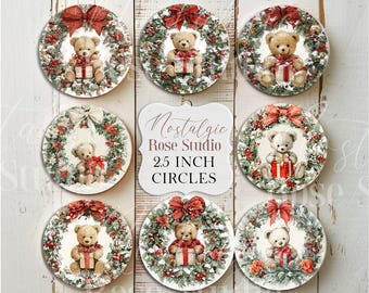 Vintage Christmas Teddy Bear Circle Tags DIY Gift Labels 2.5 inches Printable Images,Stickers INSTANT DOWNLOAD Collage sheet