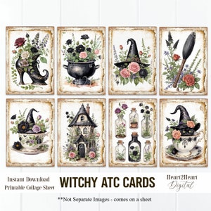 Digital Garden Witch Collage Sheet, Retro Halloween, Journal Cards, Digital Image, Scrapbook Cards, Printable Download, ACEO, Witchy, Gothic
