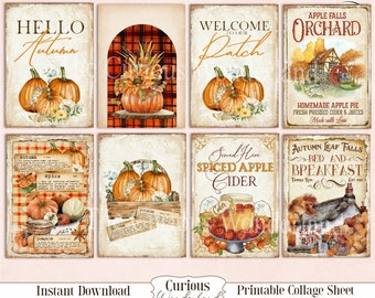 Fall ATC Collage Sheet, Retro Halloween, Journal Cards, Digital Image, Scrapbook Cards, Printable Download,  Digital Cards, Autumn Pumpkins