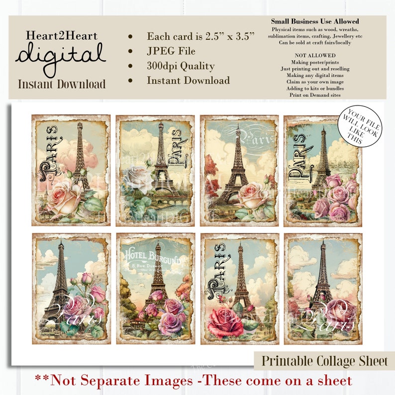 Vintage Rose Paris Ephemera Cards Collage Sheet Cards Digital Image ...