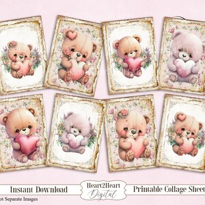 Shabby Chic Valentine Teddy Bears Collage Sheet, Tags, Journal Cards, Digital Image, Scrapbook Cards, Printable Download, ACEO, Teddy Bear