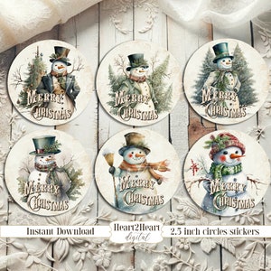 Christmas Snowman Circle Tags DIY Gift Labels 2.5 inches Printable Images Bottle Caps Stickers  DOWNLOAD Collage sheet