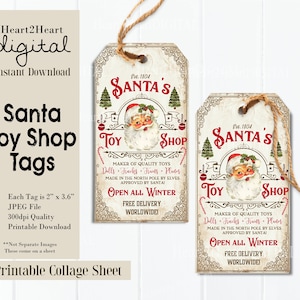 Santa&#39;s Toy Shop Tags, Printable Christmas Tags, Present Gift Label Tags, Digital Craft ATC Journals, Christmas Gift Tags Holiday