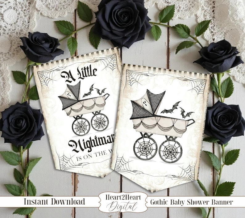 Peut inclure: Deux banni&egrave;res gothiques pour une baby shower au design vintage. Chaque banni&egrave;re repr&eacute;sente une poussette avec un capot en forme de chauve-souris et des roues en toile d'araign&eacute;e. Le texte dit "A Little Nightmare is on the way."