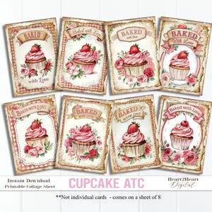 Strawberry Cupcakes Cards Collage Sheet, Tags, Journal Cards, Digital Image, Scrapbook Cards, Printable Download, ACEO, Baked with love