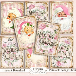 Shabby Chic Rose Santa Christmas Collage Sheet, Tags, Journal Cards, Digital Image, Scrapbook Cards, Printable Download, ACEO,