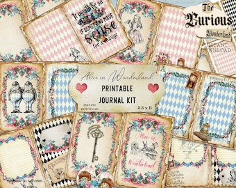 Vintage Alice im Wunderland Junk Journal Seiten, bedruckbar, Digital Journal Kit, zerfetztes Scrapbook Papier, digitaler Download Wunderland Handwerk