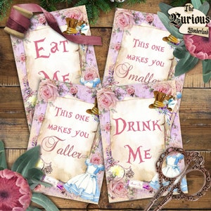 Alice in Wonderland Eat/Drink Me Sign Cards, Wonderland Collage Sheet, Party Printable, This one makes you smaller, Instant Download