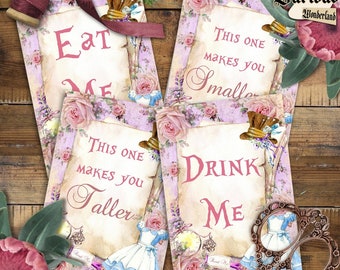 Alice in Wonderland Eat/Drink Me Sign Cards, Wonderland Collage Sheet, Party Printable, This one makes you smaller, Instant Download