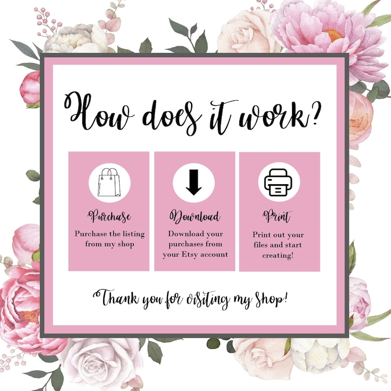 May include: Pink and white floral background with a white rectangle containing instructions on how to purchase, download, and print digital files. The text reads "How does it work?" and includes three steps: "Purchase", "Download", and "Print".