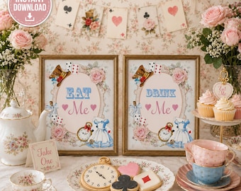May include: Two framed signs featuring floral borders, playing cards, and the text Eat Me and Drink Me. The display includes a white teapot, floral teacups, a tiered stand with cupcakes, and cookies shaped like a clock and card suits.