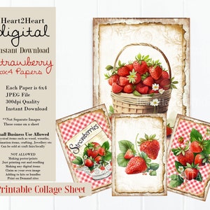 Farmhouse Strawberry Cards 6x4 Papers Collage Sheet, Tags, Journal Cards, Digital Image, Scrapbook Cards, Printable Download, Strawberries